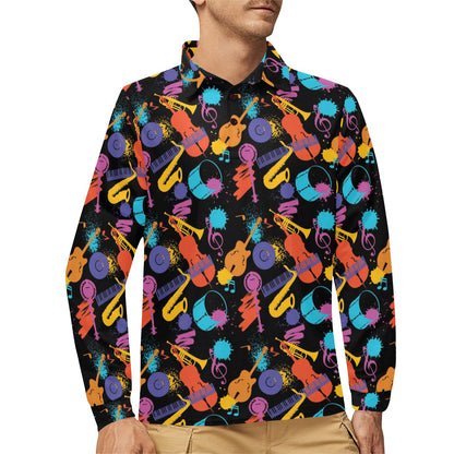 Saxophone Print Design LKS406 Long Sleeve Polo Shirt For Men's