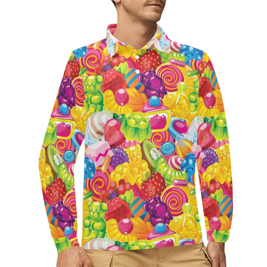 Candy Pattern Print Design CA01 Long Sleeve Polo Shirt For Men's