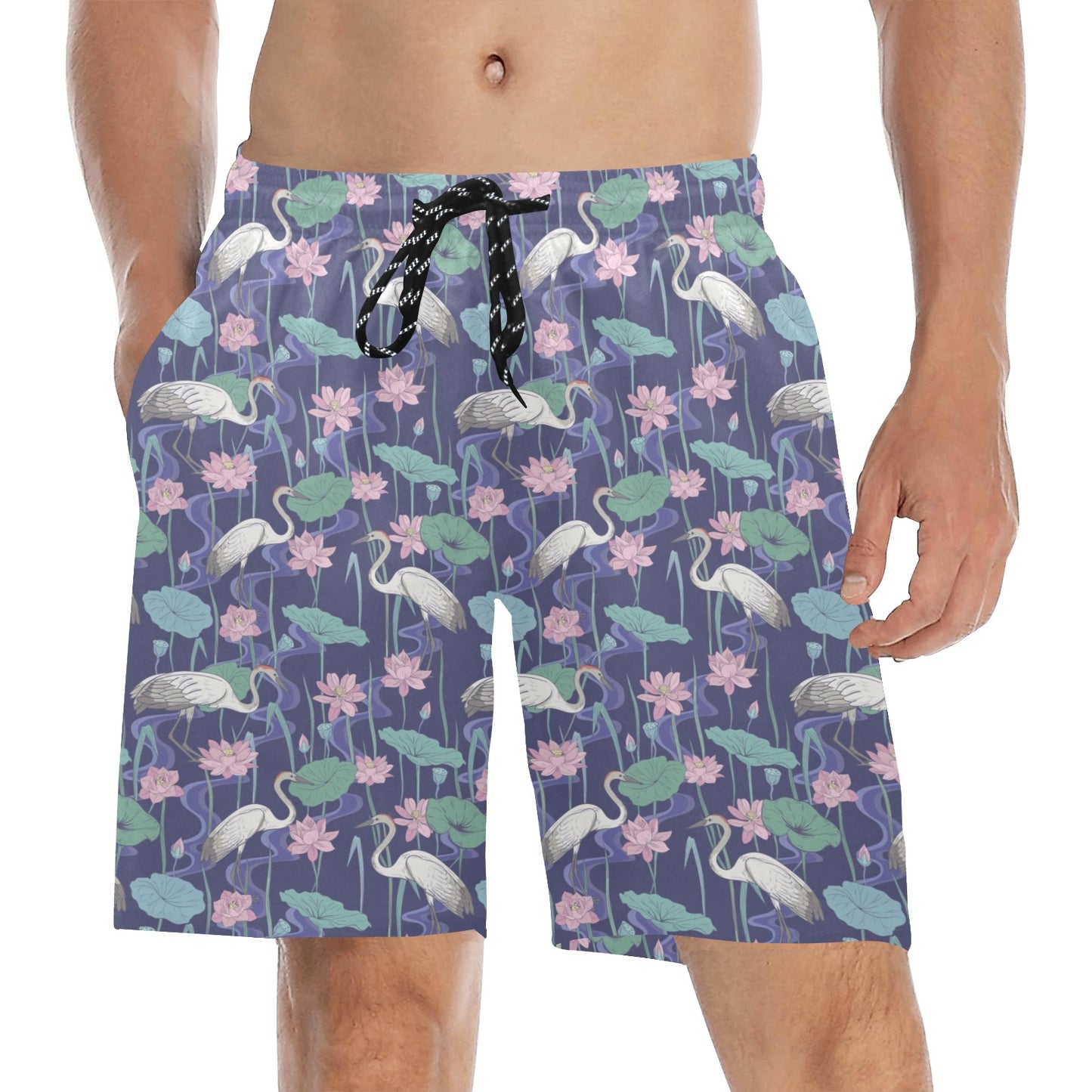 Water Lily Print Design LKS306 Men's Swim Trunks Beach Shorts