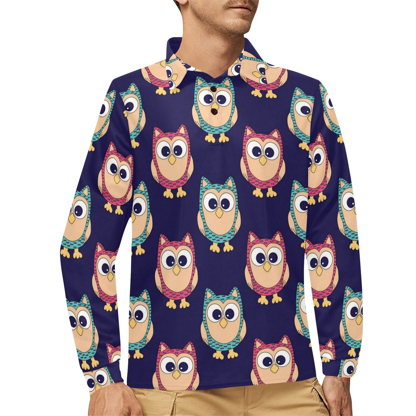 Owl Pattern Print Design A06 Long Sleeve Polo Shirt For Men's