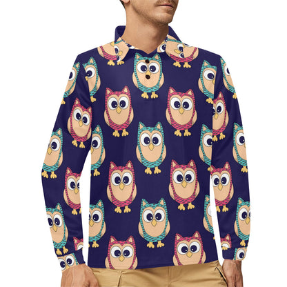 Owl Pattern Print Design A06 Long Sleeve Polo Shirt For Men's