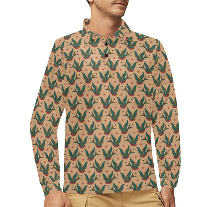 Old School Tattoo Swallow Design Long Sleeve Polo Shirt For Men's