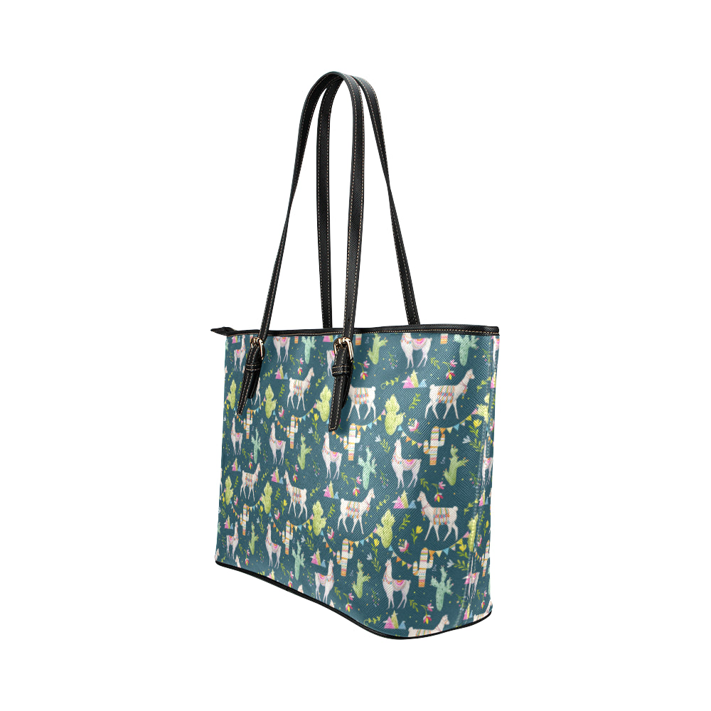 Llama with Cactus Design Print Leather Tote Bag