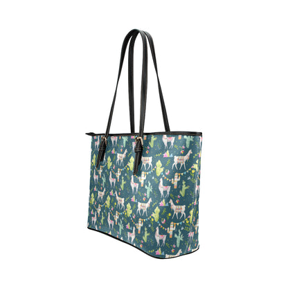 Llama with Cactus Design Print Leather Tote Bag