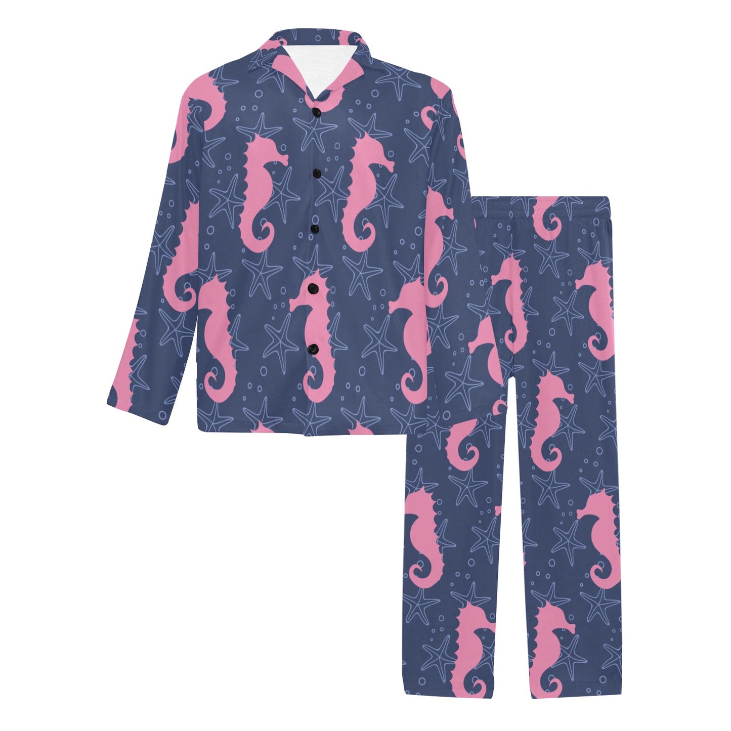 SeaHorse Pink Pattern Print Design 02 Men's Long Pajama Set