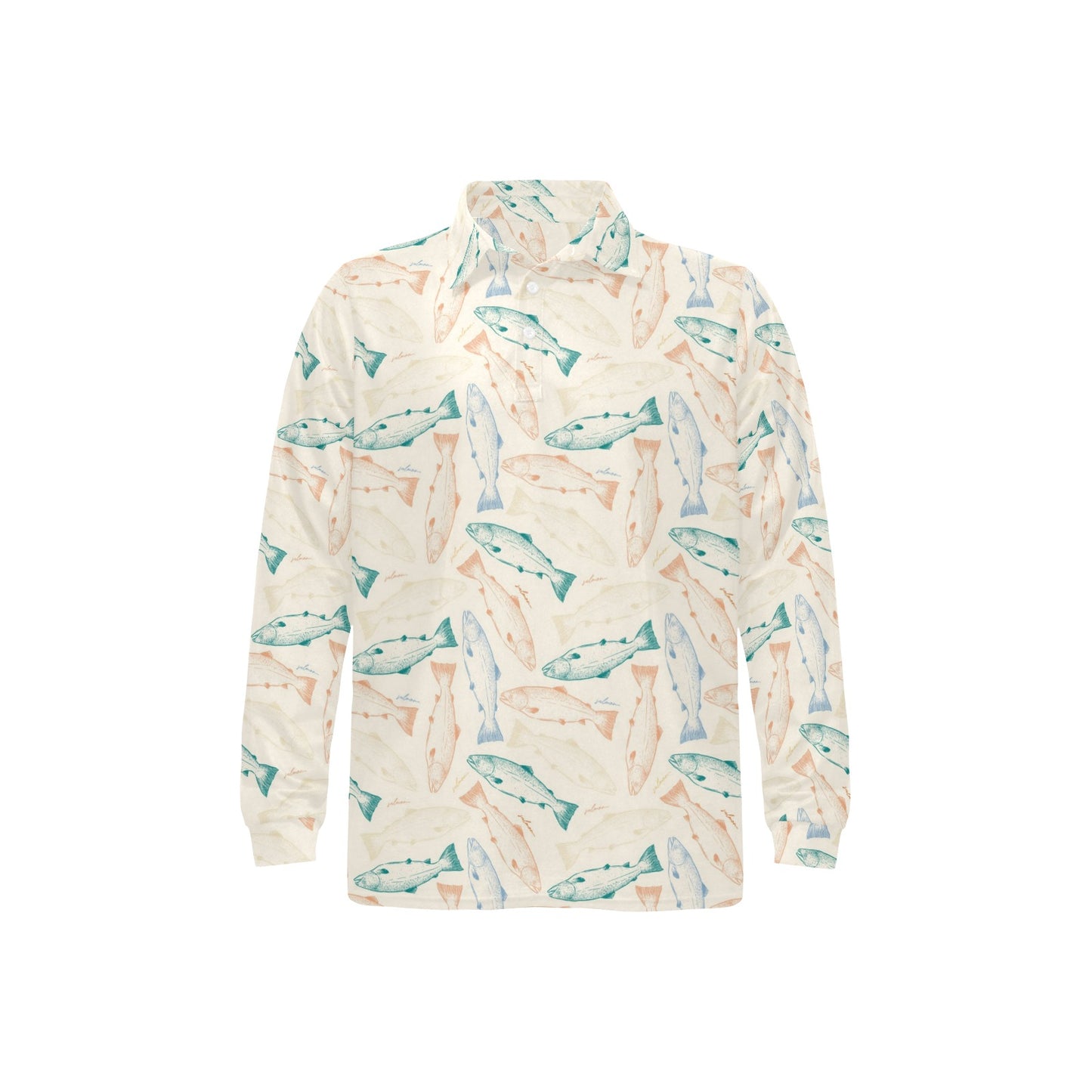 Salmon Fish Print Design LKS305 Long Sleeve Polo Shirt For Men's
