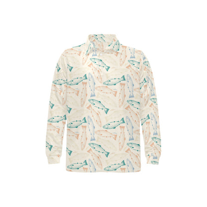 Salmon Fish Print Design LKS305 Long Sleeve Polo Shirt For Men's