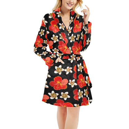 Red Hibiscus Pattern Print Design HB022 Women's Fleece Robe