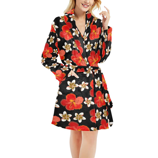 Red Hibiscus Pattern Print Design HB022 Women's Fleece Robe