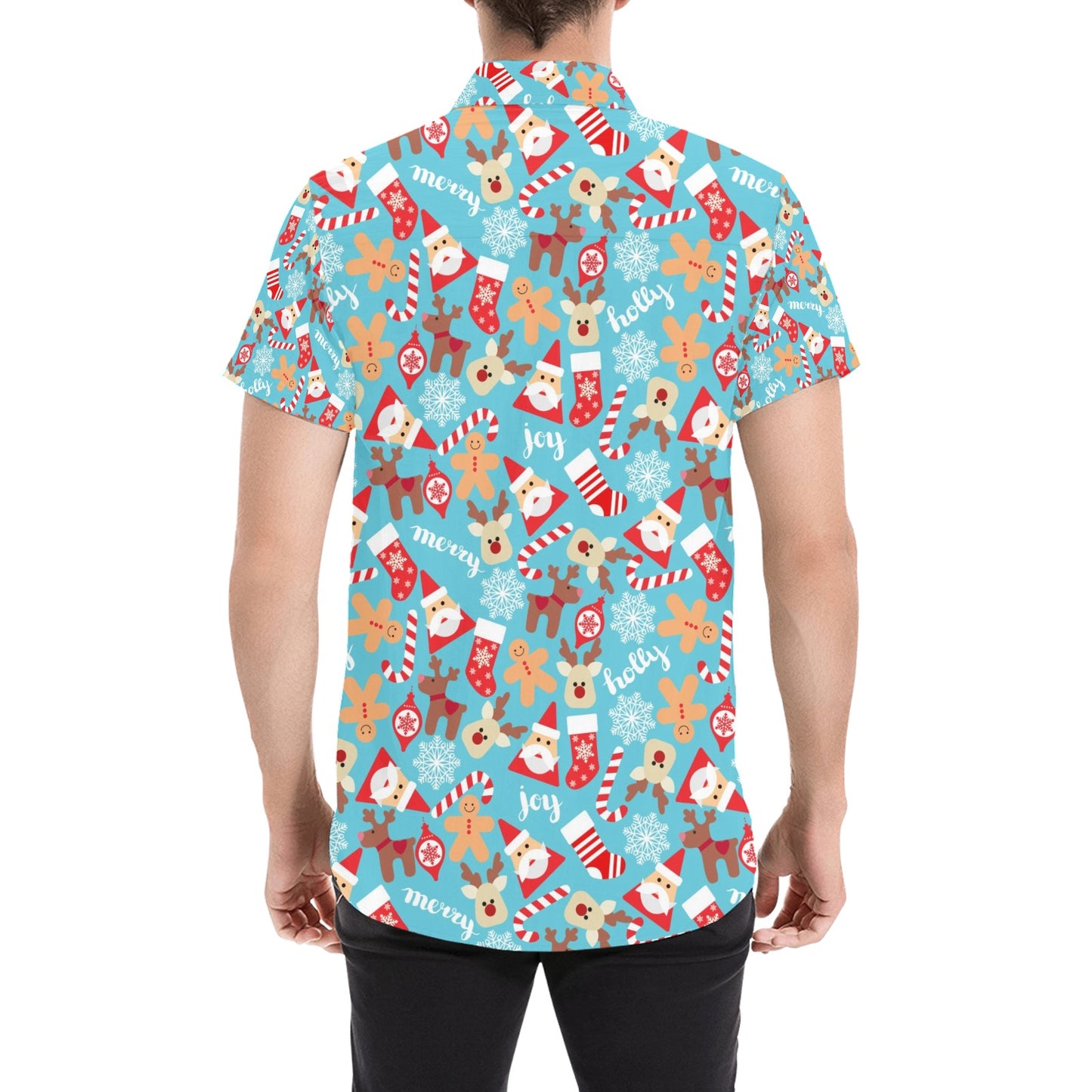 Santa Christmas Themed Print Design LKS306 Men Short Sleeve Button Up Shirt