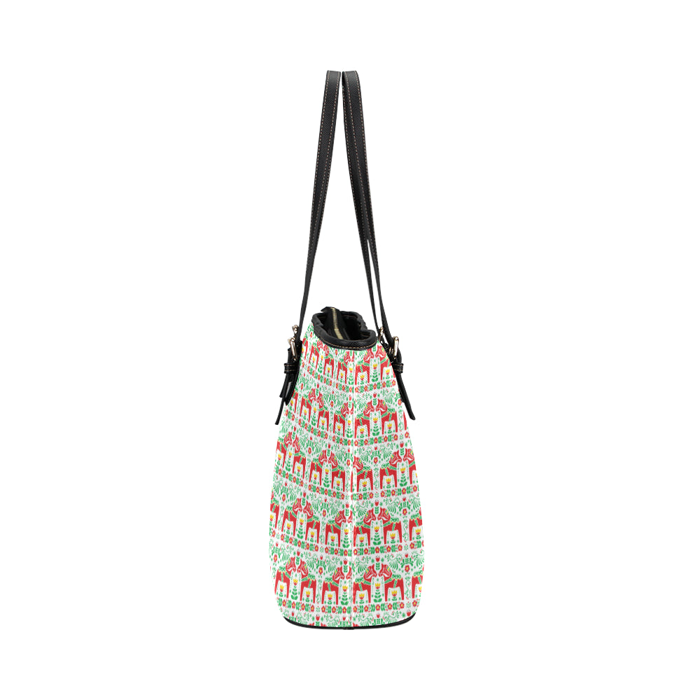 Swedish Dala Style Pattern Leather Tote Bag