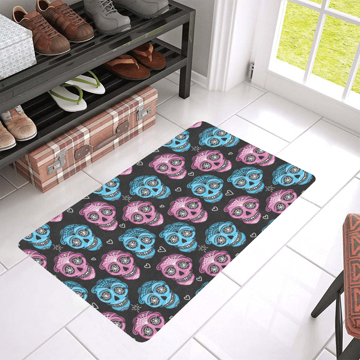 Day of the Dead Skull Print Pattern Rubber Doormat