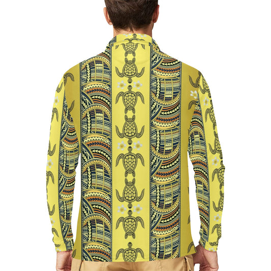 Polynesian Turtle Hawaiian Design Print Long Sleeve Polo Shirt For Men's