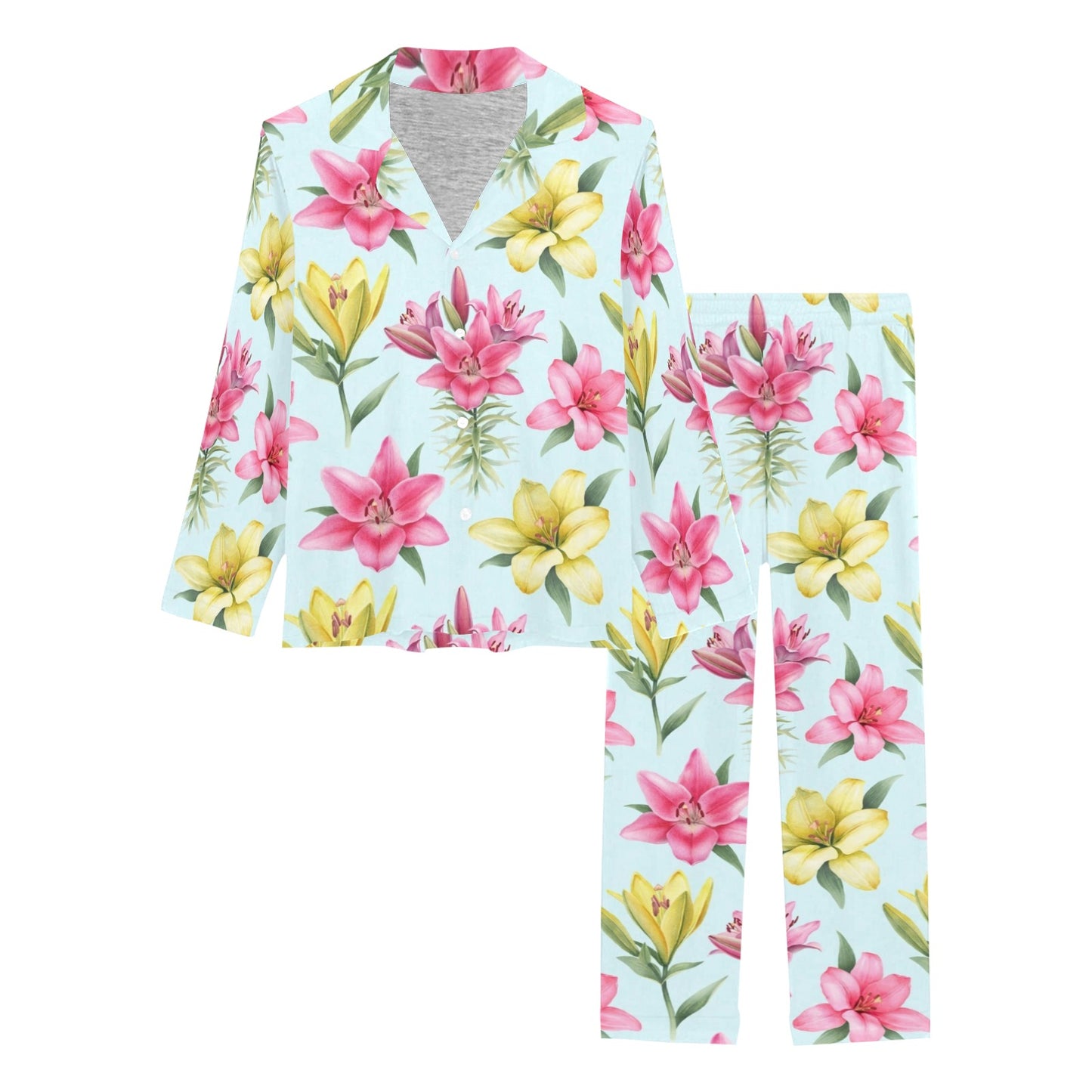 Lily Pattern Print Design LY010 Women's Long Pajama Set