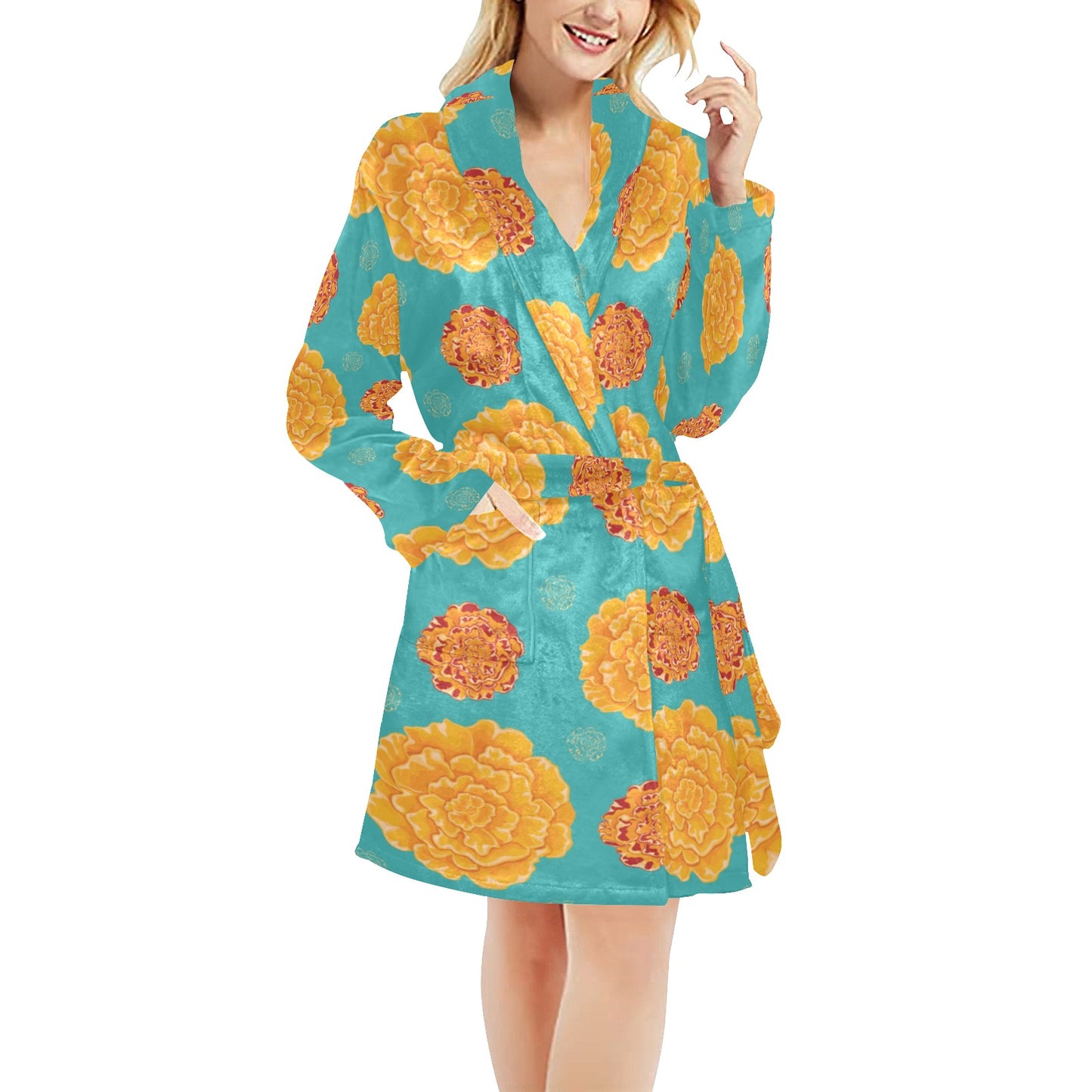 Marigold Pattern Print Design 02 Women's Fleece Robe
