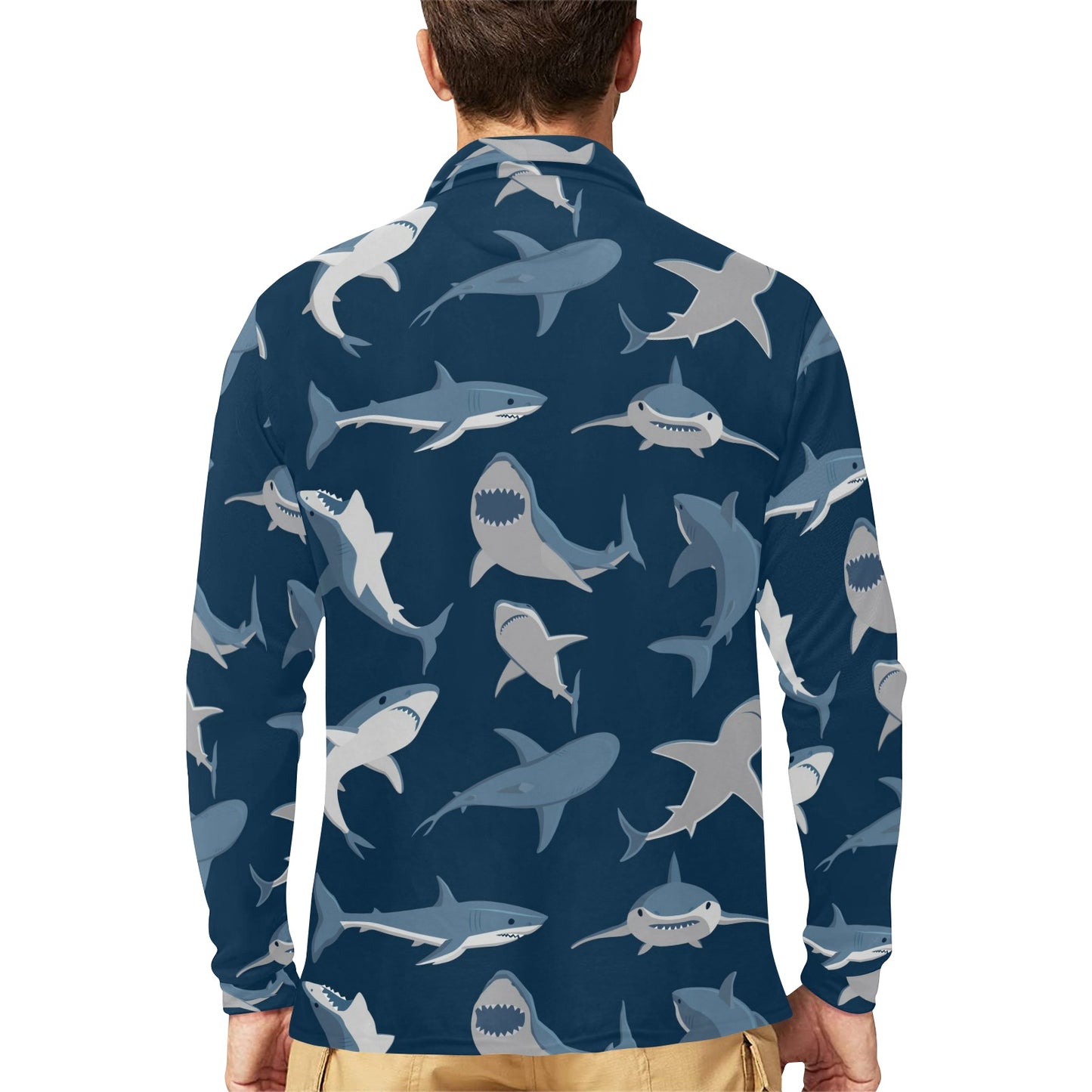 Shark Action Pattern Long Sleeve Polo Shirt For Men's