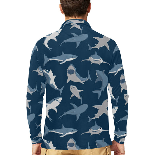 Shark Action Pattern Long Sleeve Polo Shirt For Men's