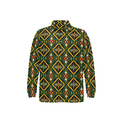 Kente Green Design African Print Long Sleeve Polo Shirt For Men's