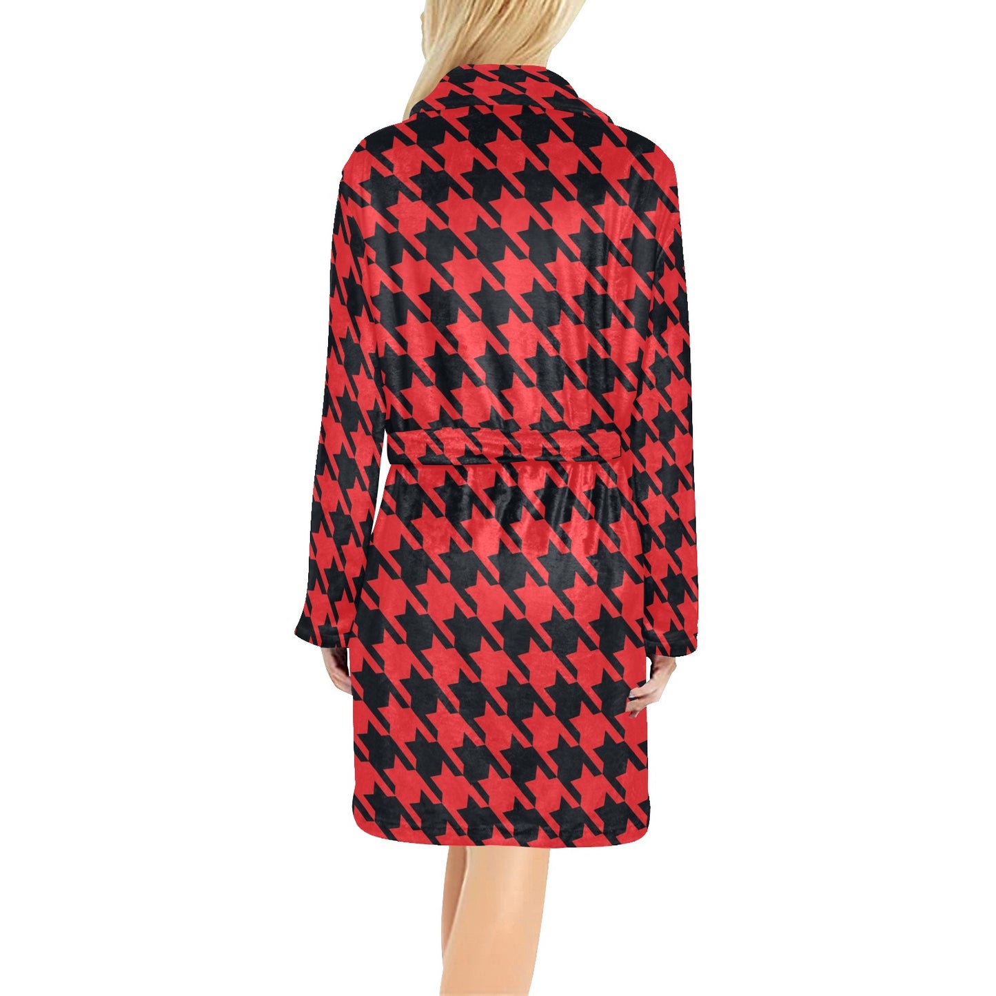 Houndstooth Red Pattern Print Design 03 Women's Fleece Robe