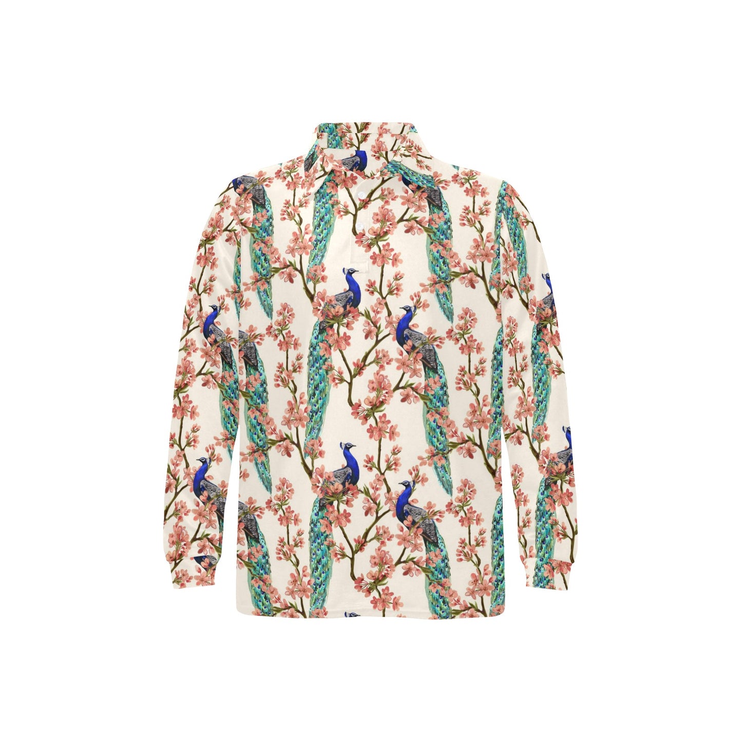 Cherry Blossom Peacock Long Sleeve Polo Shirt For Men's