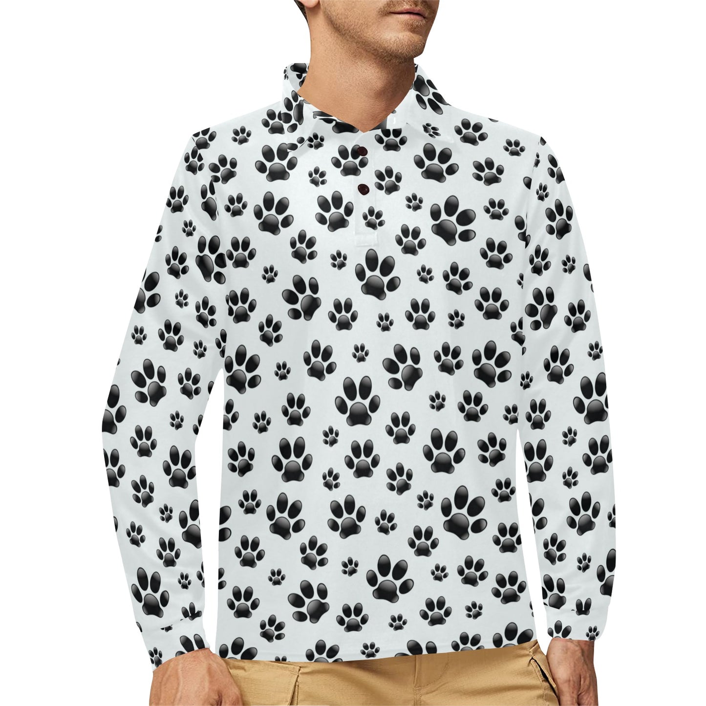 Paw Themed Print Long Sleeve Polo Shirt For Men's