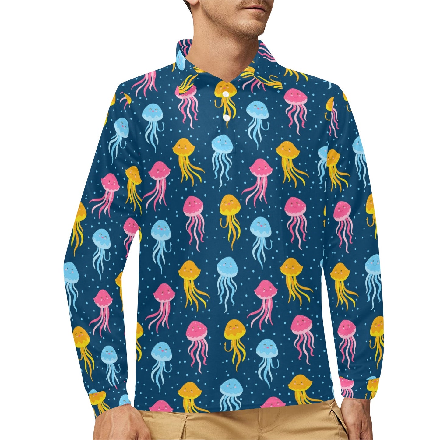 Jellyfish Pattern Print Design 04 Long Sleeve Polo Shirt For Men's