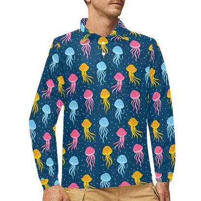 Jellyfish Pattern Print Design 04 Long Sleeve Polo Shirt For Men's