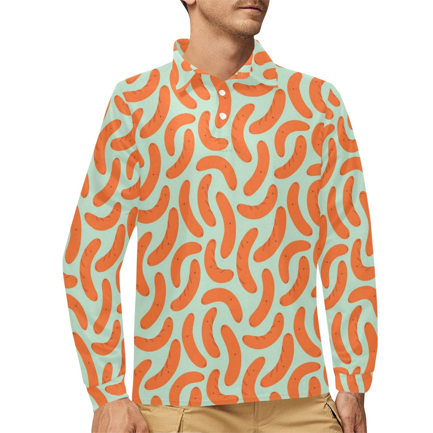 Sausage Print Design LKS304 Long Sleeve Polo Shirt For Men's