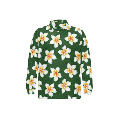White Plumeria Pattern Print Design PM020 Long Sleeve Polo Shirt For Men's