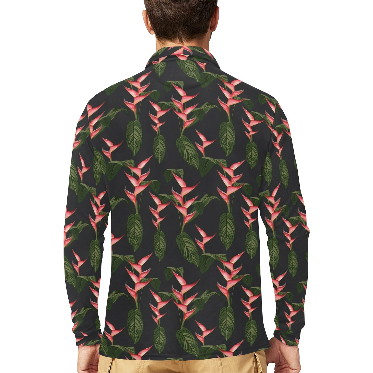 Heliconia Pattern Print Design HL07 Long Sleeve Polo Shirt For Men's