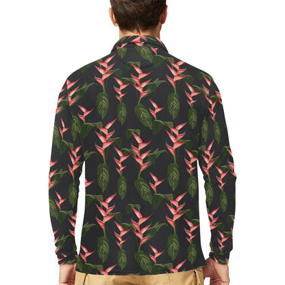 Heliconia Pattern Print Design HL07 Long Sleeve Polo Shirt For Men's