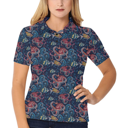Octopus Deep Sea Print Themed Women's Polo Shirt