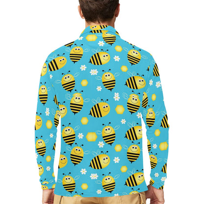 Bee Pattern Print Design BEE06 Long Sleeve Polo Shirt For Men's