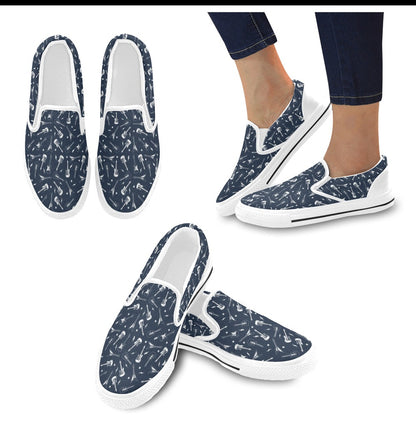 Electric Guitar Print Design LKS402 White Slip Ons Canvas Women's Shoes