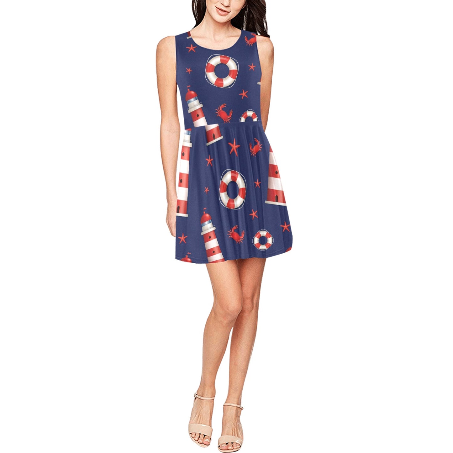 Nautical Pattern Print Design A03 Sleeveless Dress