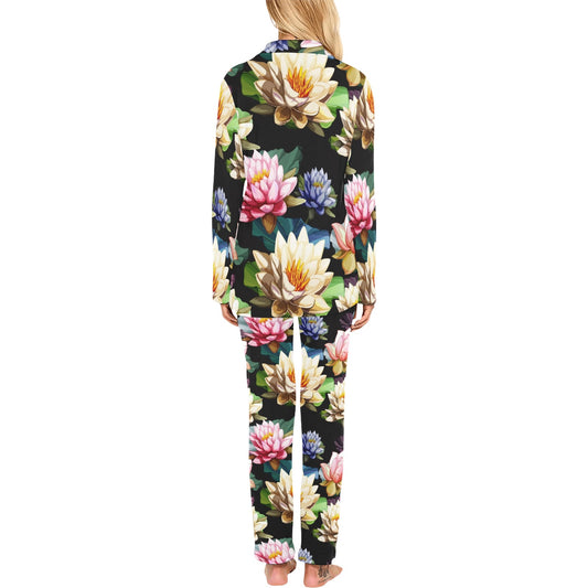 Water Lily Pattern Print Design WL02 Women's Long Pajama Set