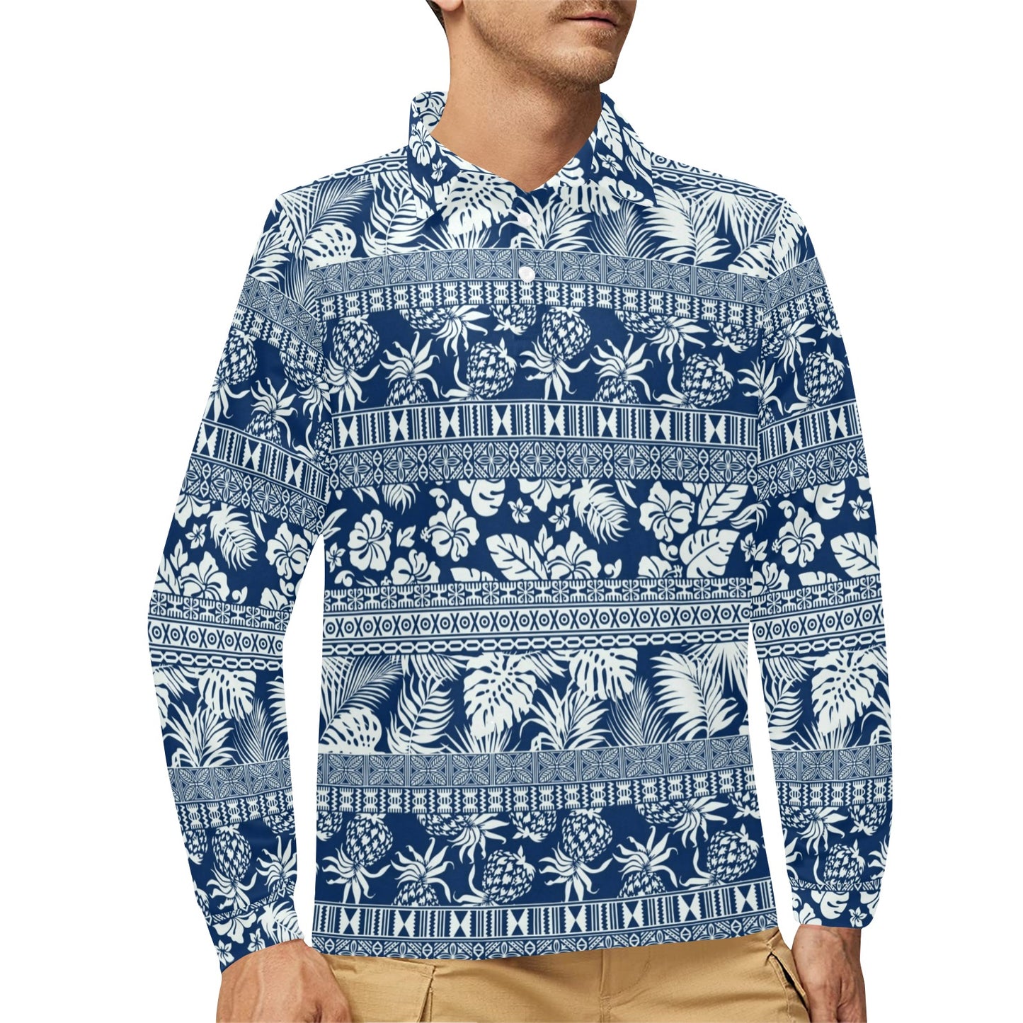 Hawaiian Themed Pattern Print Design H020 Long Sleeve Polo Shirt For Men's
