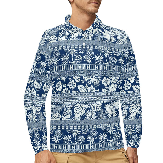 Hawaiian Themed Pattern Print Design H020 Long Sleeve Polo Shirt For Men's