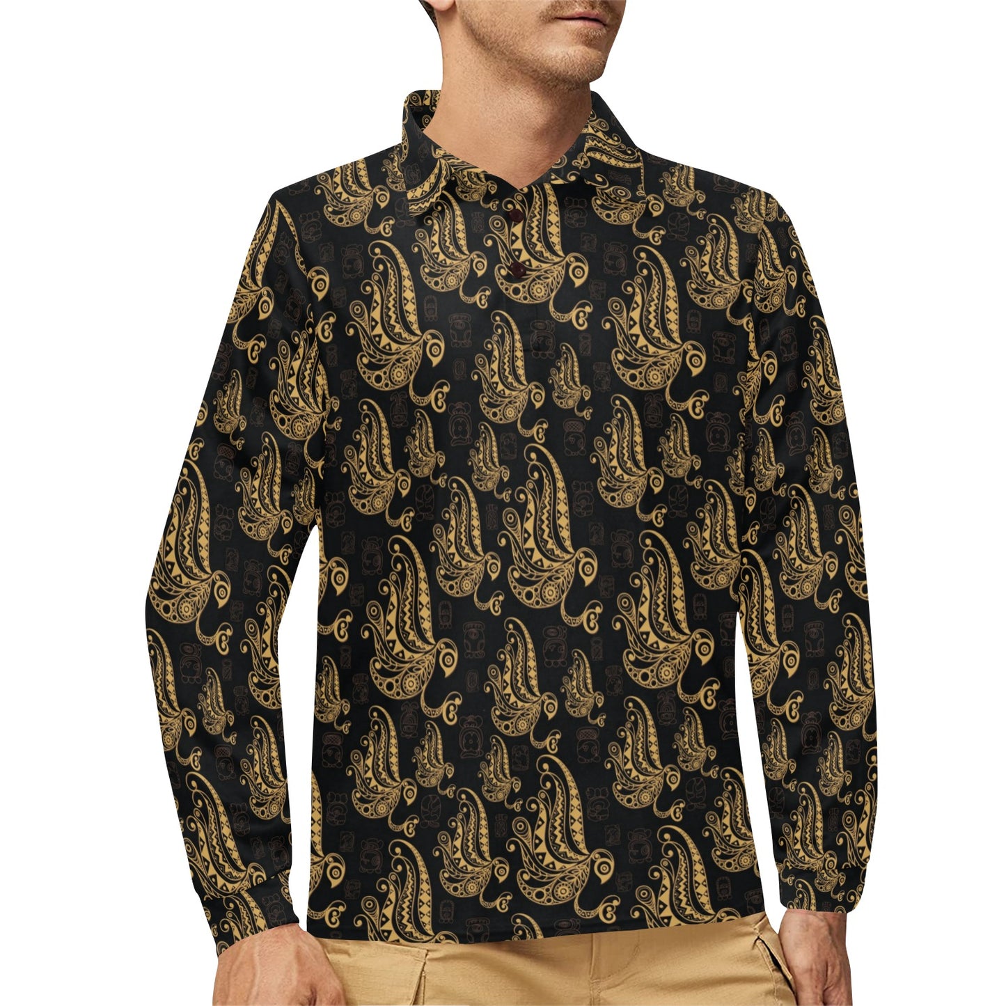 Owl Tribal Polynesian Design Print Long Sleeve Polo Shirt For Men's