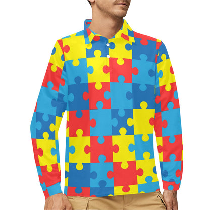 Autism Awareness Puzzles Design Print Long Sleeve Polo Shirt For Men's