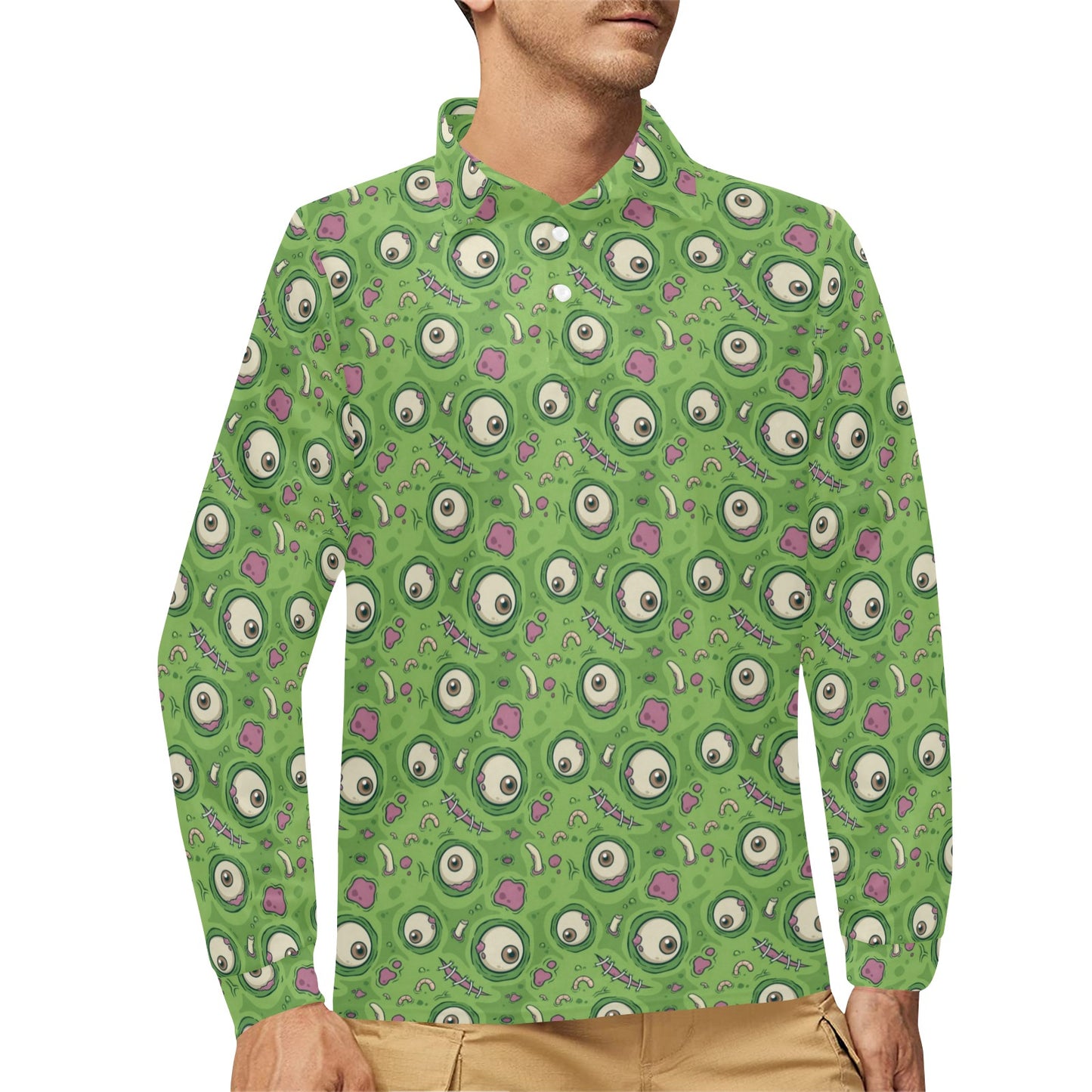 Zombie Eyes Design Pattern Print Long Sleeve Polo Shirt For Men's
