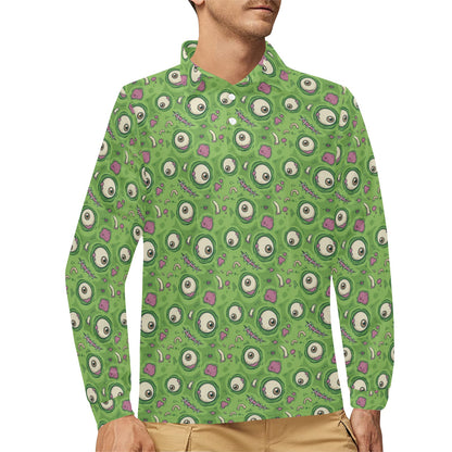 Zombie Eyes Design Pattern Print Long Sleeve Polo Shirt For Men's