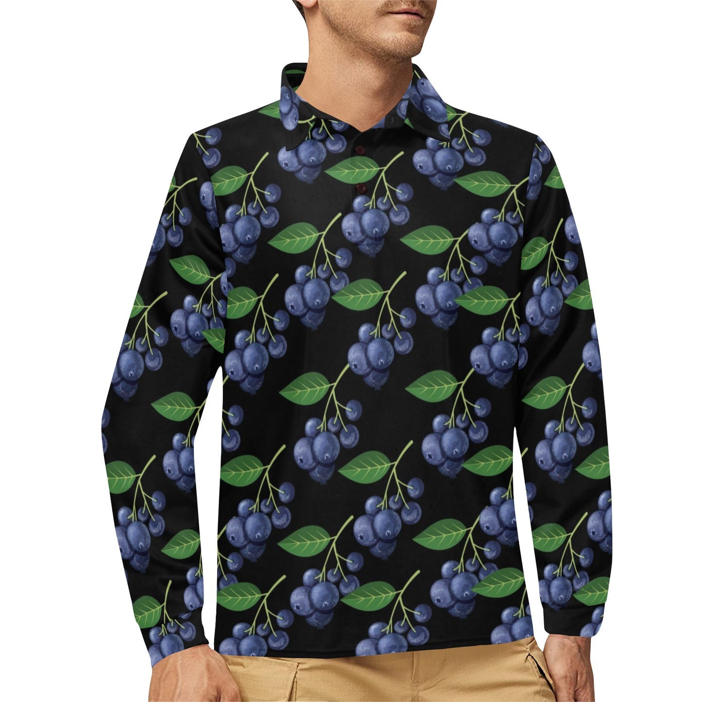 Blueberry Pattern Print Design BB01 Long Sleeve Polo Shirt For Men's