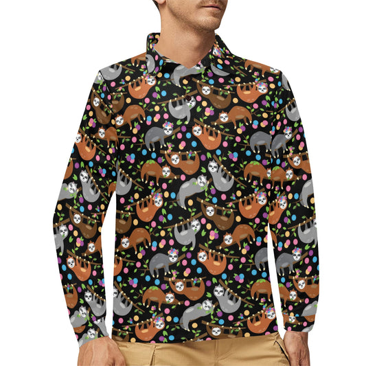 Sloth Print Design LKS306 Long Sleeve Polo Shirt For Men's