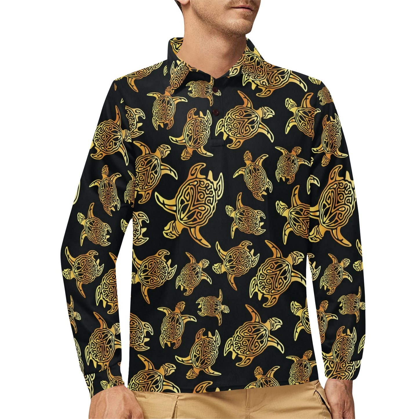 Gold Tribal Turtle Polynesian Themed Long Sleeve Polo Shirt For Men's