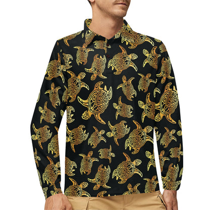 Gold Tribal Turtle Polynesian Themed Long Sleeve Polo Shirt For Men's
