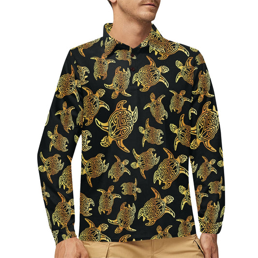 Gold Tribal Turtle Polynesian Themed Long Sleeve Polo Shirt For Men's