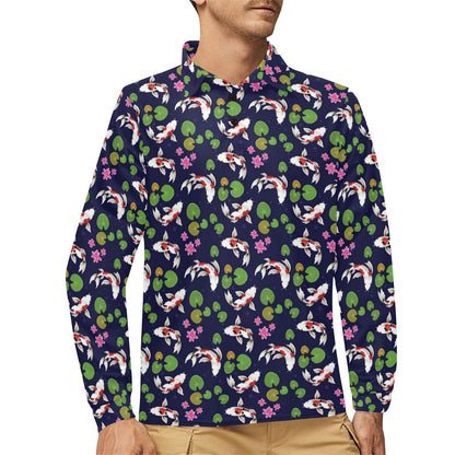 Koi Carp Pattern Design Themed Print Long Sleeve Polo Shirt For Men's
