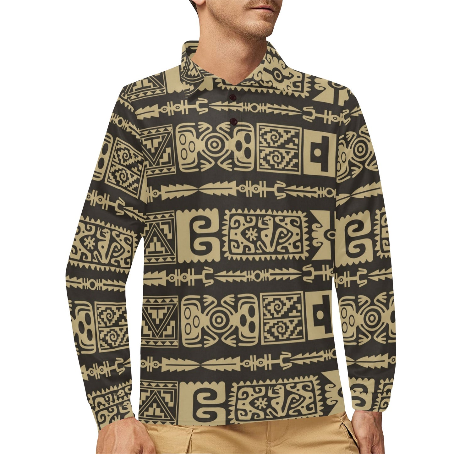 Mayan Pattern Print Design 03 Long Sleeve Polo Shirt For Men's