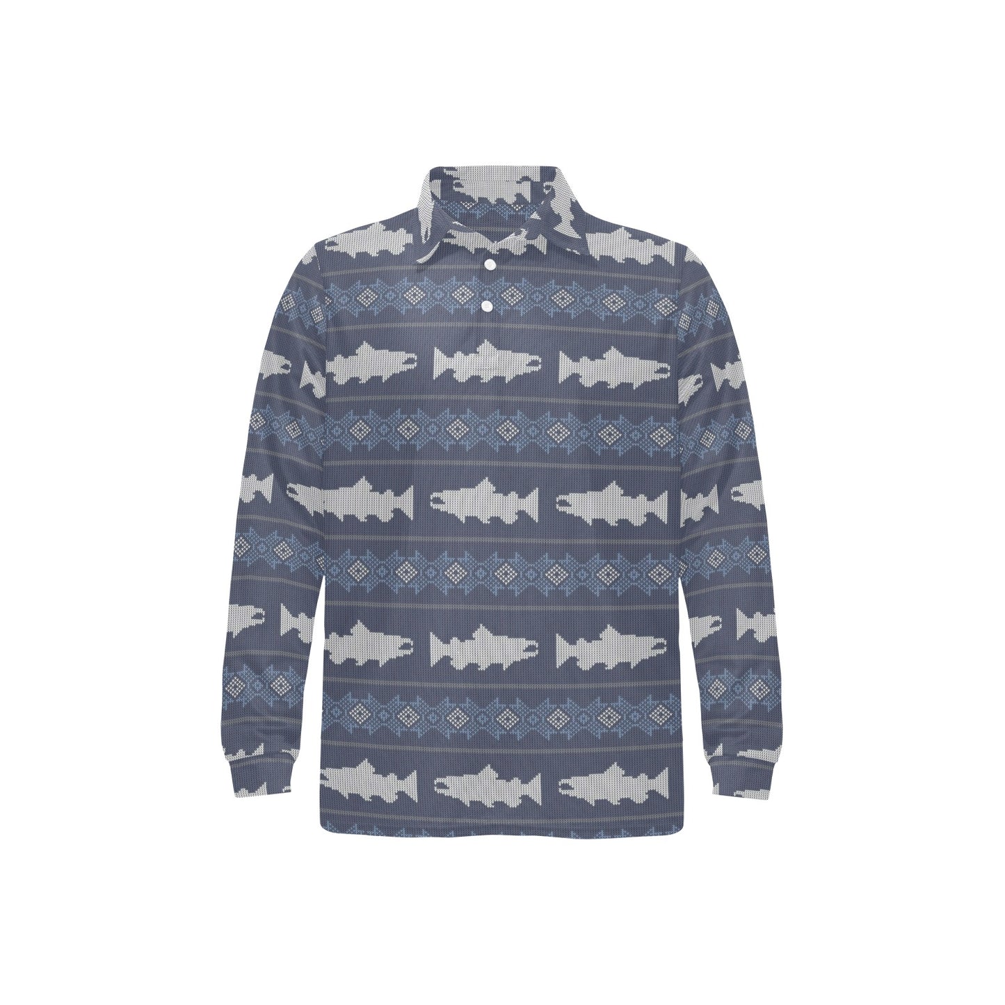 Salmon Fish Knit Style Print Design LKS304 Long Sleeve Polo Shirt For Men's